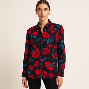 Zara Z1975 Semi-Sheer Maximalist Black Red Blue Bold Floral Blouse Size M